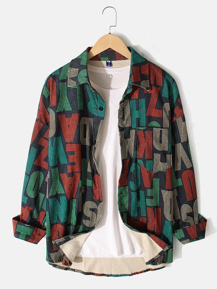 Velvet Letter Print Lapel Loose Long Sleeve Shirts Pack