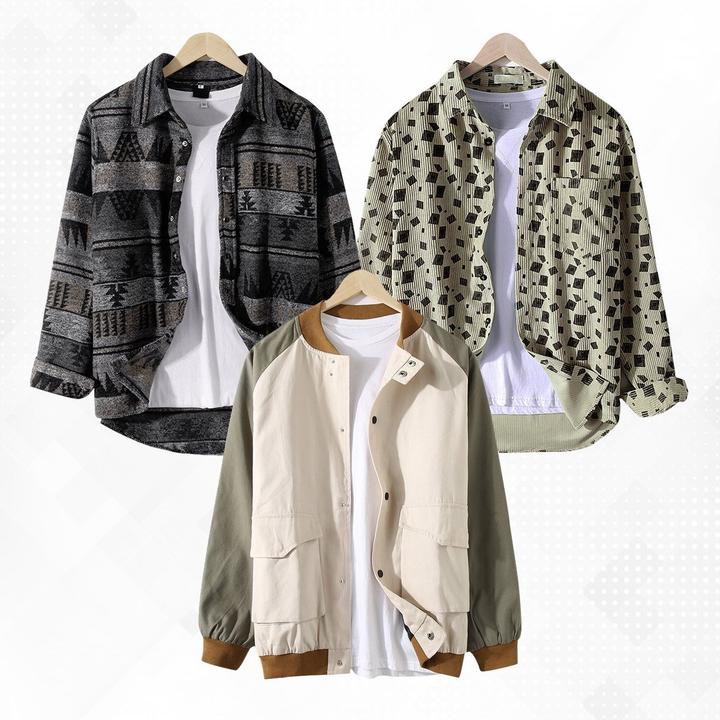 Mens Cotton Vintage Ethnic Print Lapel Casual Shirts Pack