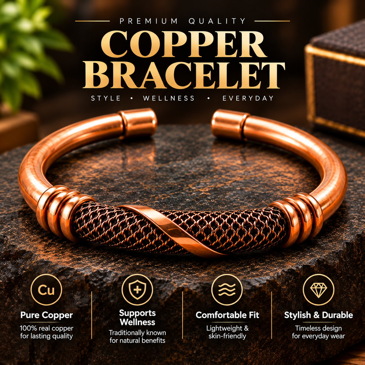 Handcrafted Copper Cuff with Woven Design Protection Bracelet
