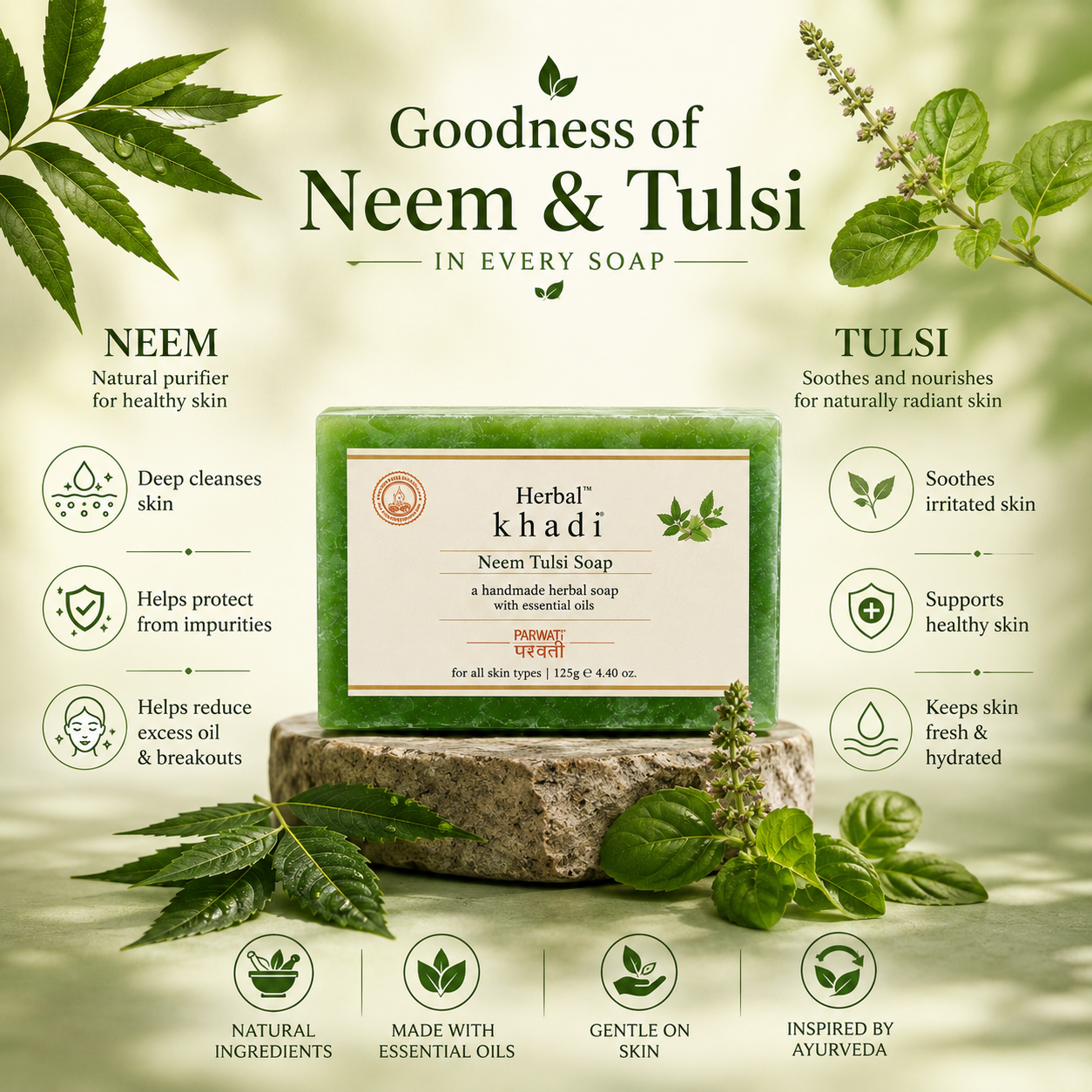 Herbal Khadi Neem & Tulsi Ayurvedic Soap | 125 gm