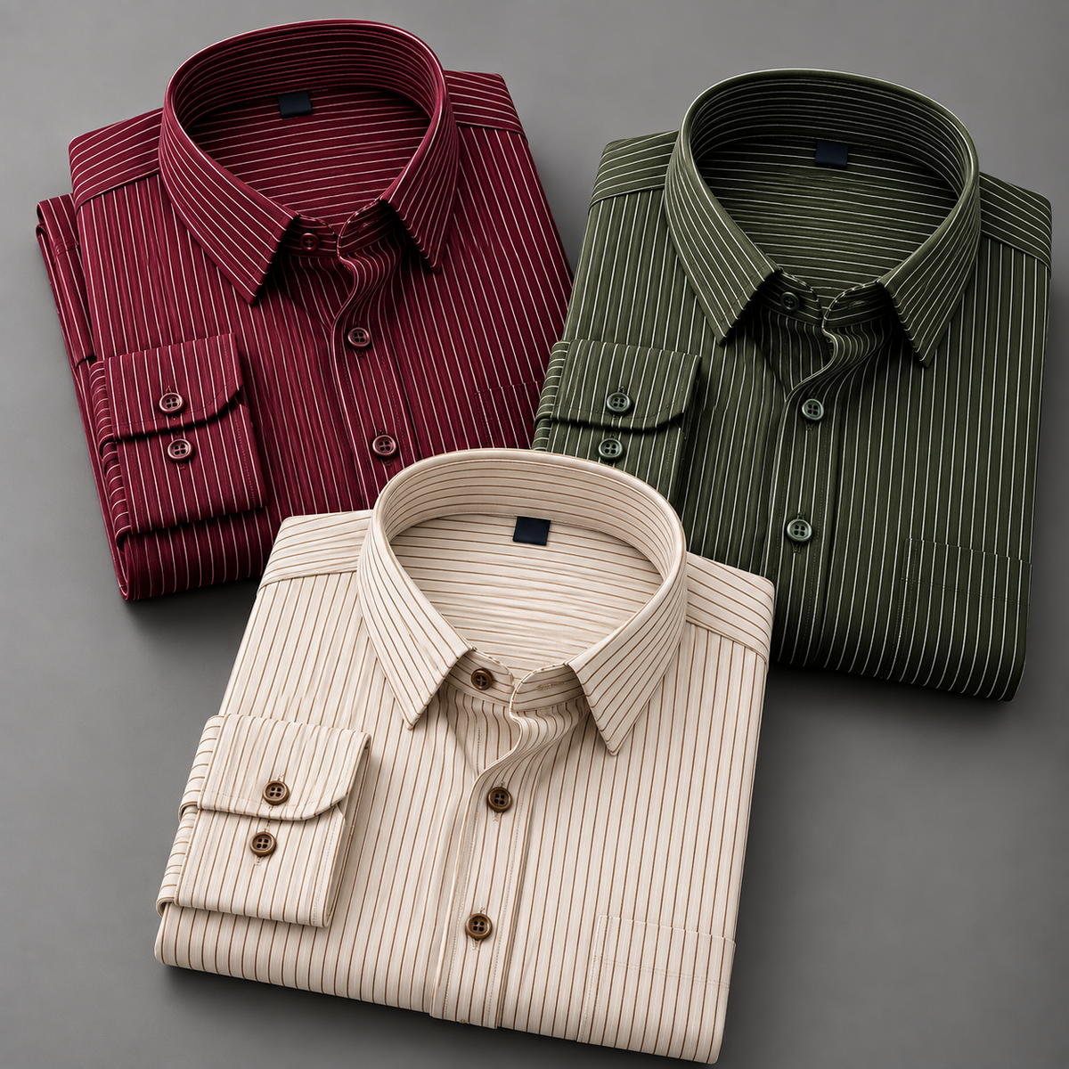Pack of 3 Men's Fine Pinstripe Shirts – Burgundy, Green & Cream