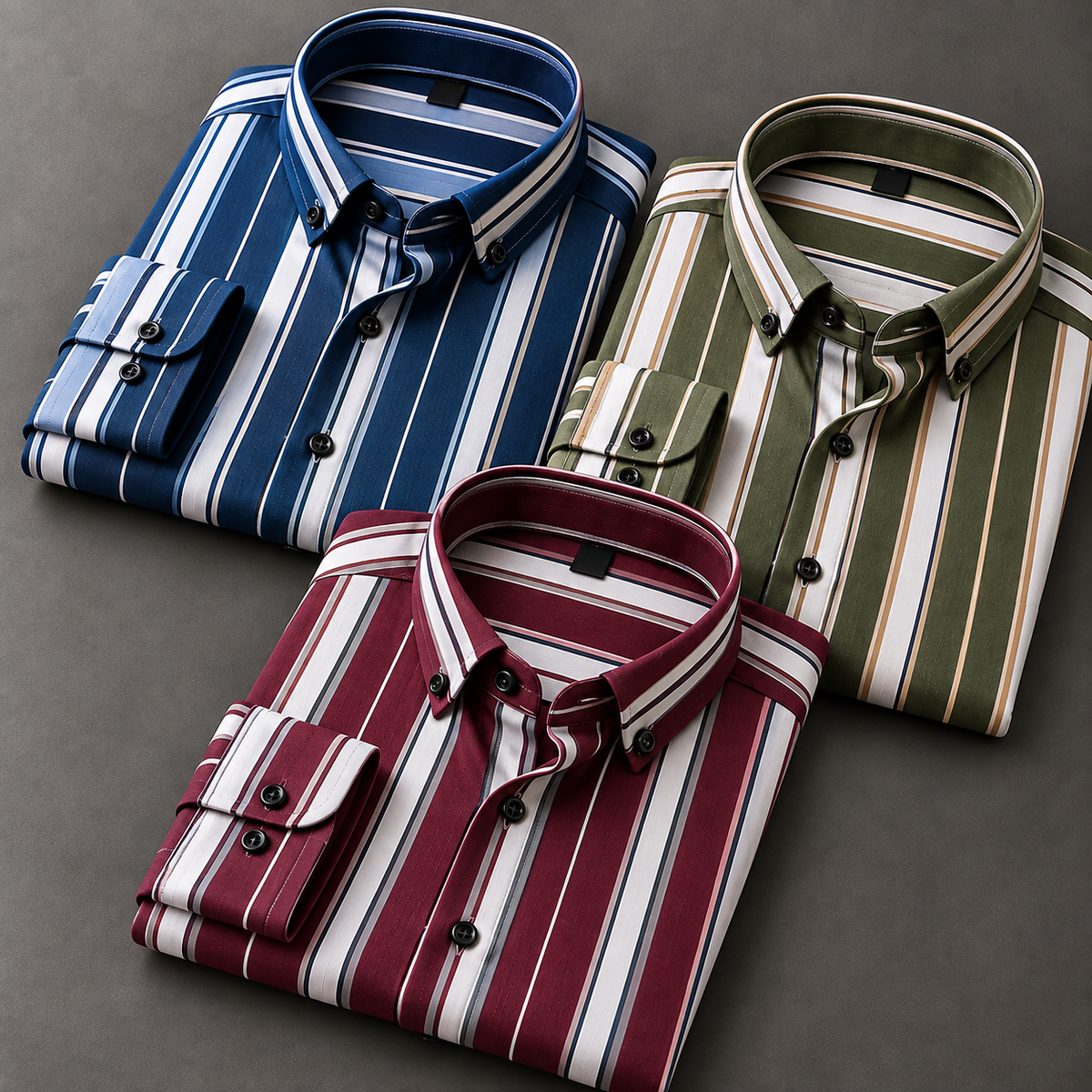 Pack of 3 Men's Statement Striped Shirts – Navy, Olive & Burgundy