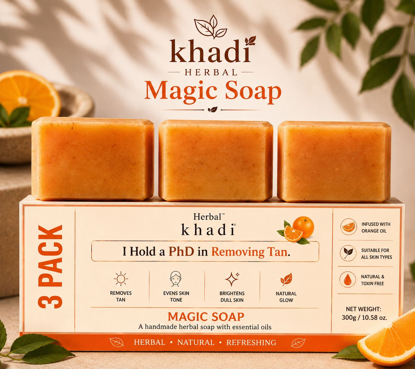 Khadi Herbal Magic Detan Soap – 300g (Pack of 3)