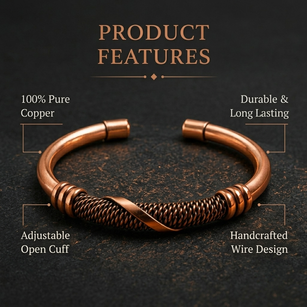 Handcrafted Copper Cuff with Woven Design Protection Bracelet Buy 1 Get 1 Free