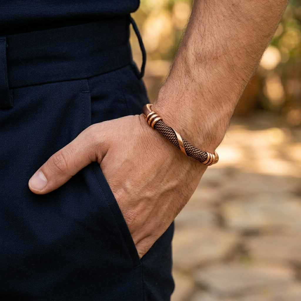 Handcrafted Copper Cuff with Woven Design Protection Bracelet