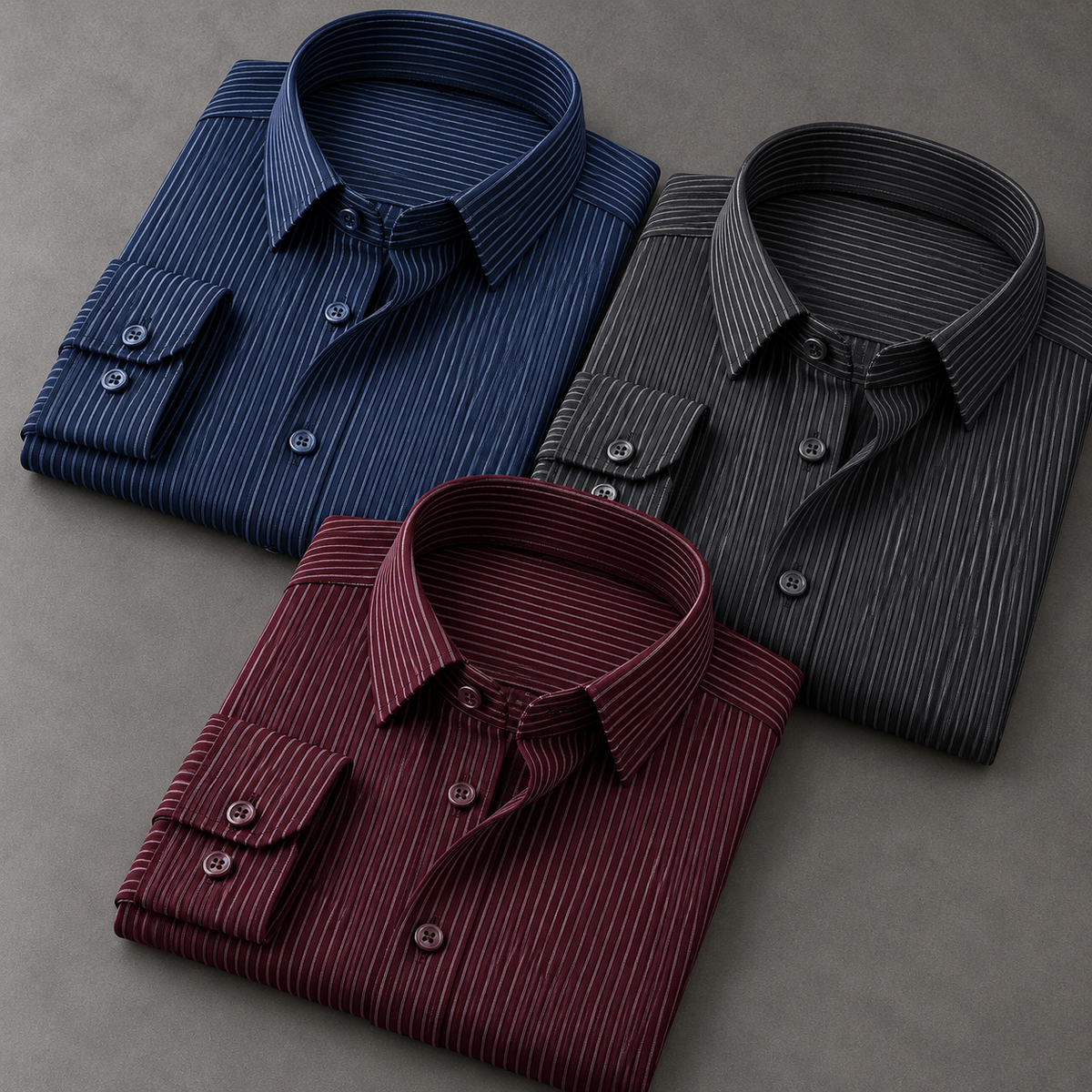 Men's Pinstripe Shirt Combo – Pack of 3 | Navy, Charcoal & Burgundy | Smart Casual Full-Sleeve Shirts